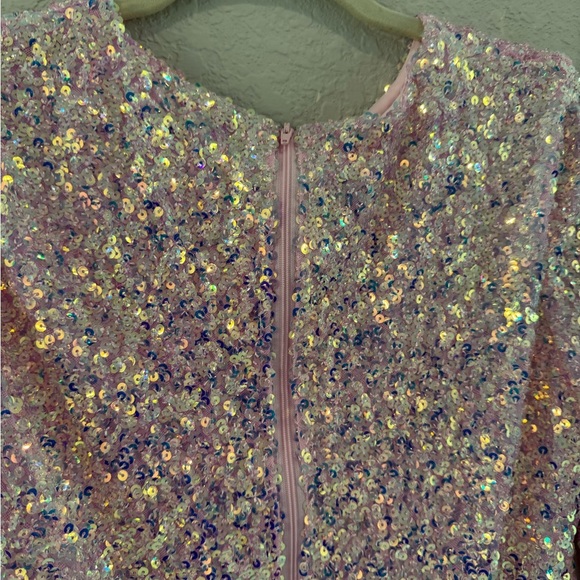 Fashion Nova NWT Glittering Pink Sequin Dress with Feathered Cuffs. Ptp 18” - Picture 6 of 6